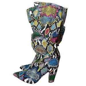 Liliana Hariot-1 Rainbow Snakeskin Embossed Slouchy Chunky Heel Calf‎ Boots Sz 9
